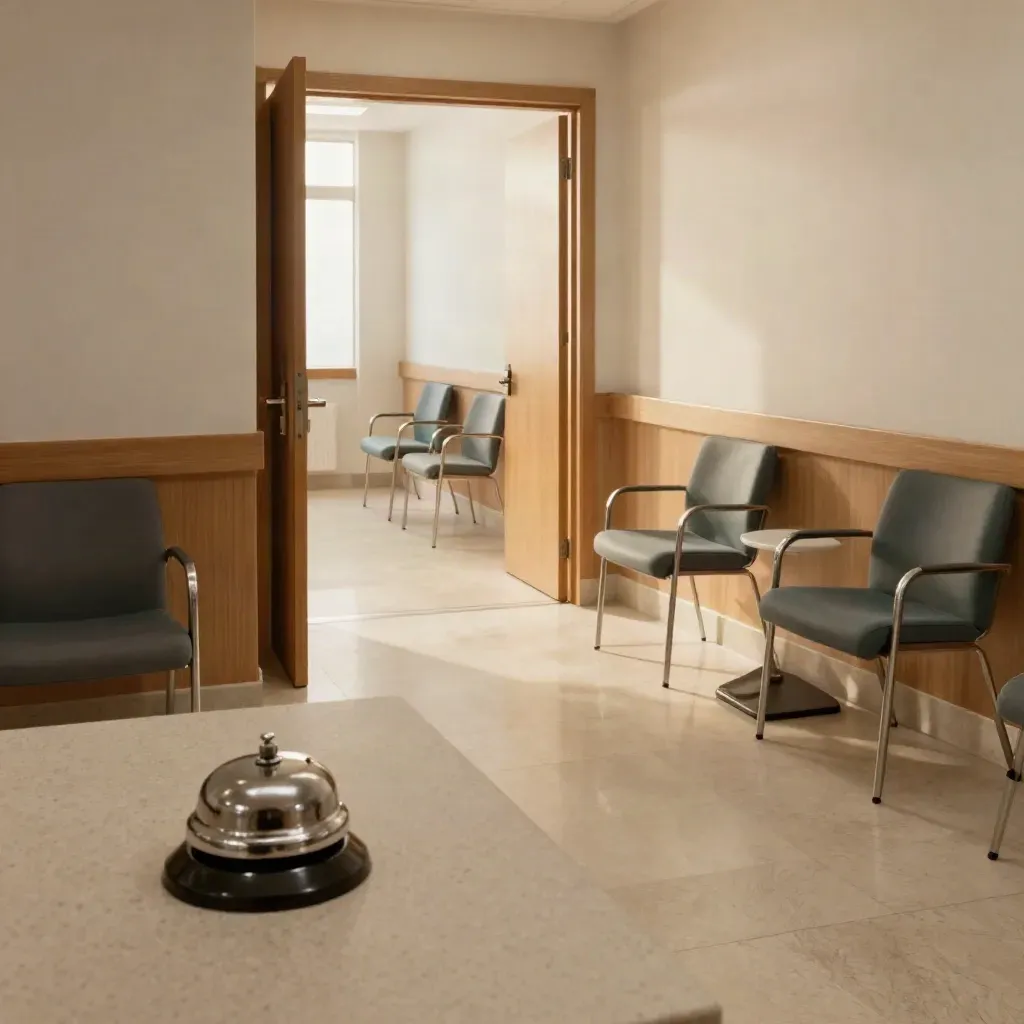 Corridoio sanitario vuoto con porta socchiusa, sedie in attesa e campanella su banco.