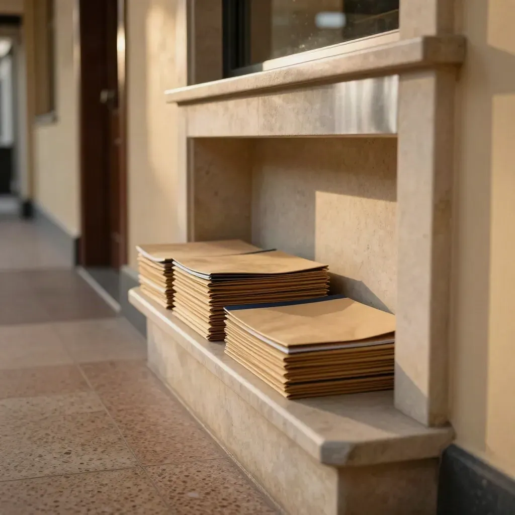 Deposito pratiche in pietra chiara con buste kraft e cartelline pronte allo sportello