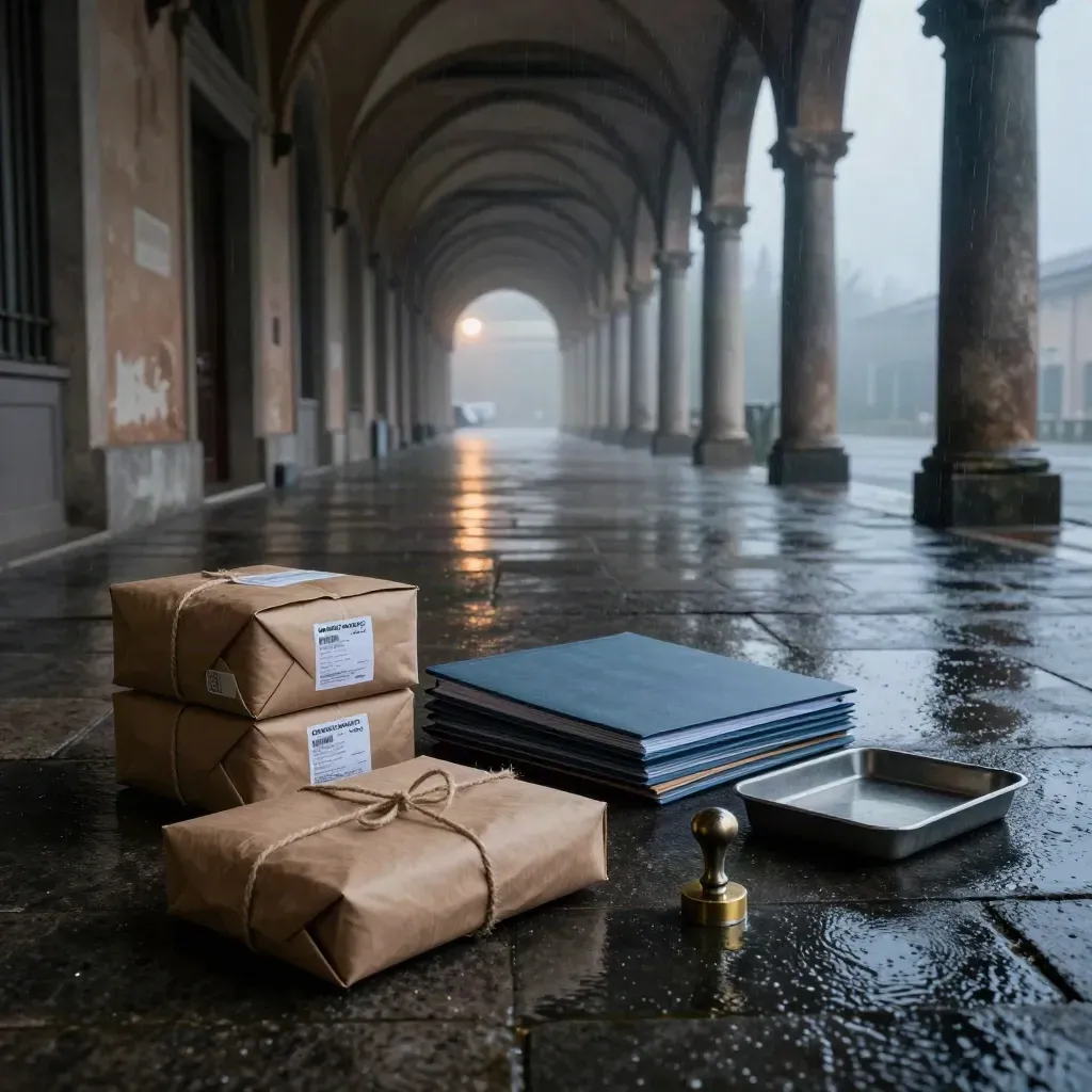 Portico civico bagnato con buste sigillate, pacco pronto, timbro e gettone su pietra.