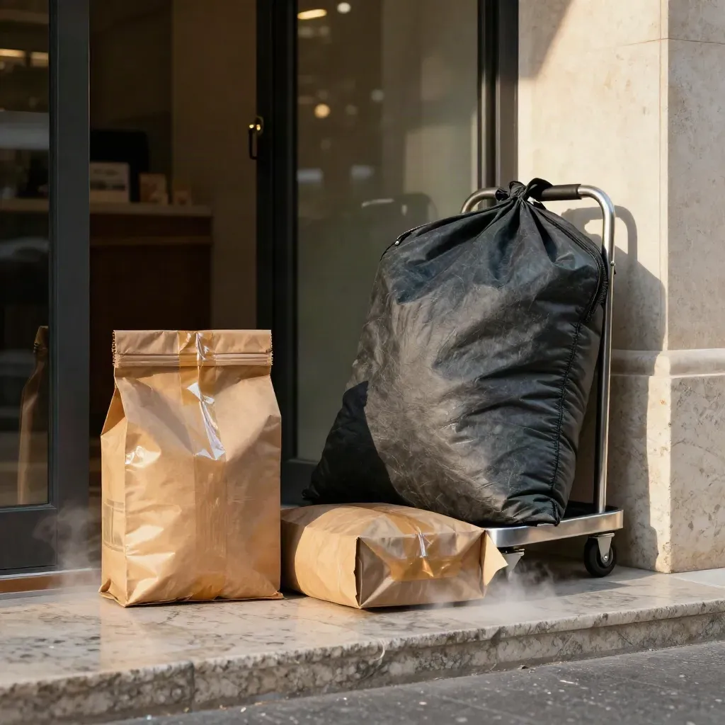 Due colli, sacco corriere e carrello metallico alla soglia di uno spedizioniere, con bruma fredda.