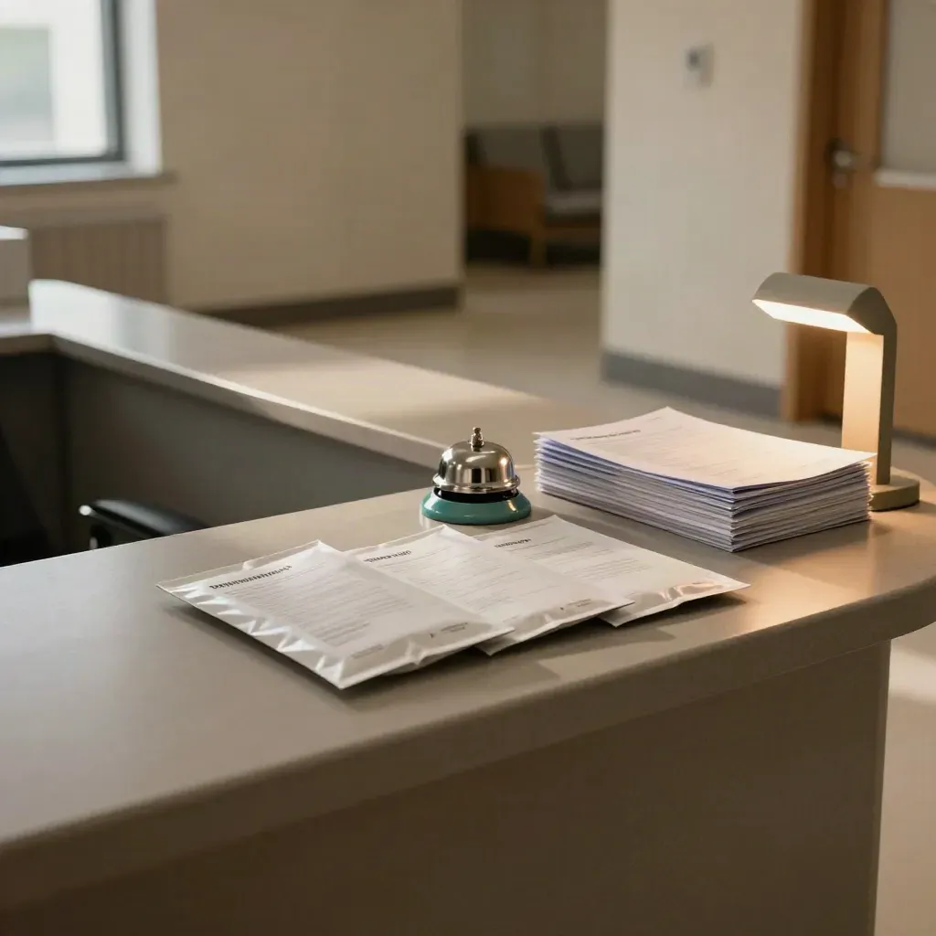 Ingresso di ambulatorio vuoto con tre buste sigillate e campanella appuntamenti su banco.