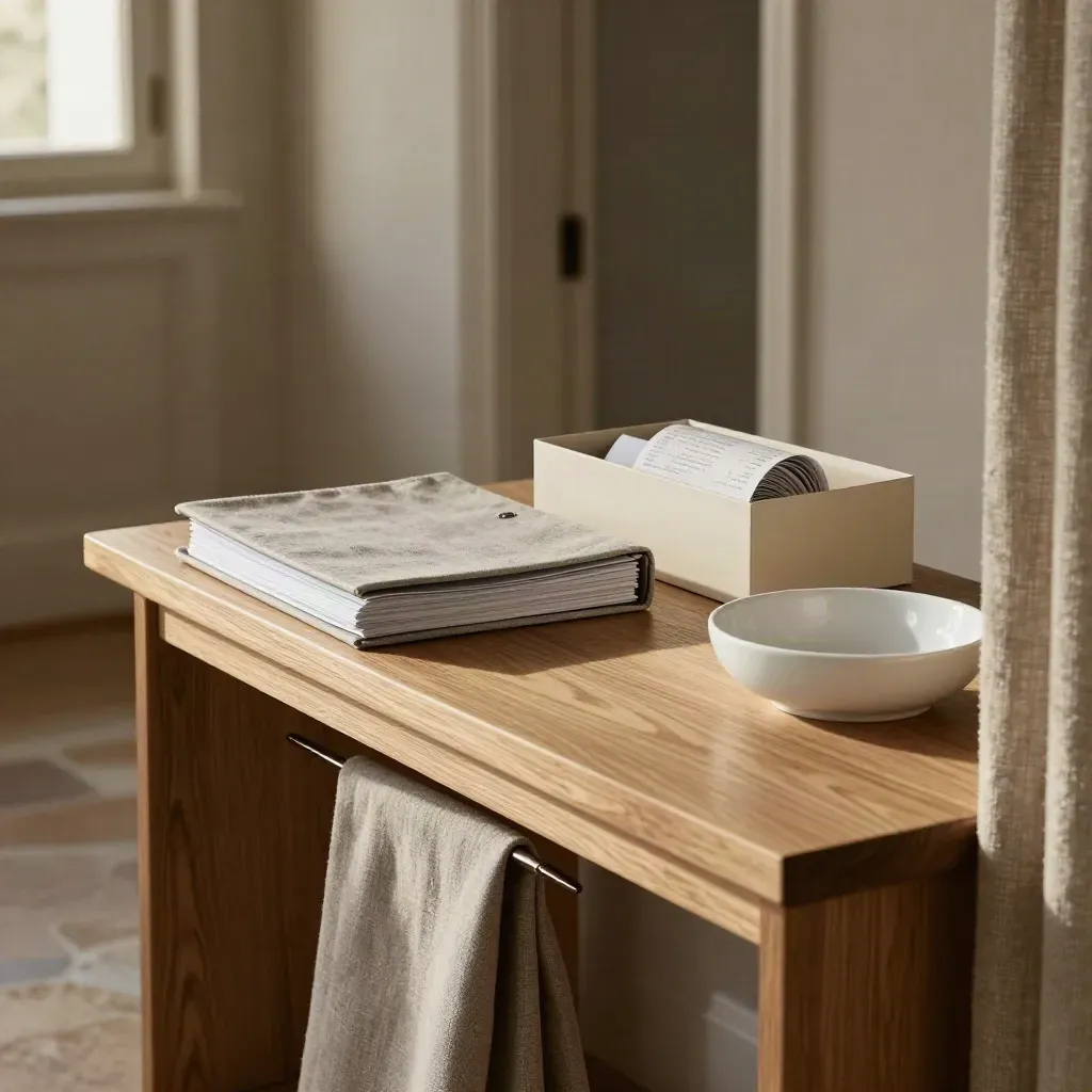 Console domestico con raccoglitore e ricevute ordinate in una casa luminosa