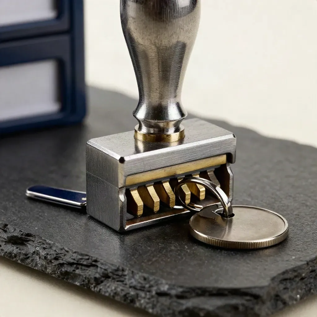 Timbro metallico, chiavi operative e gettone su pietra scura, in macro radente.