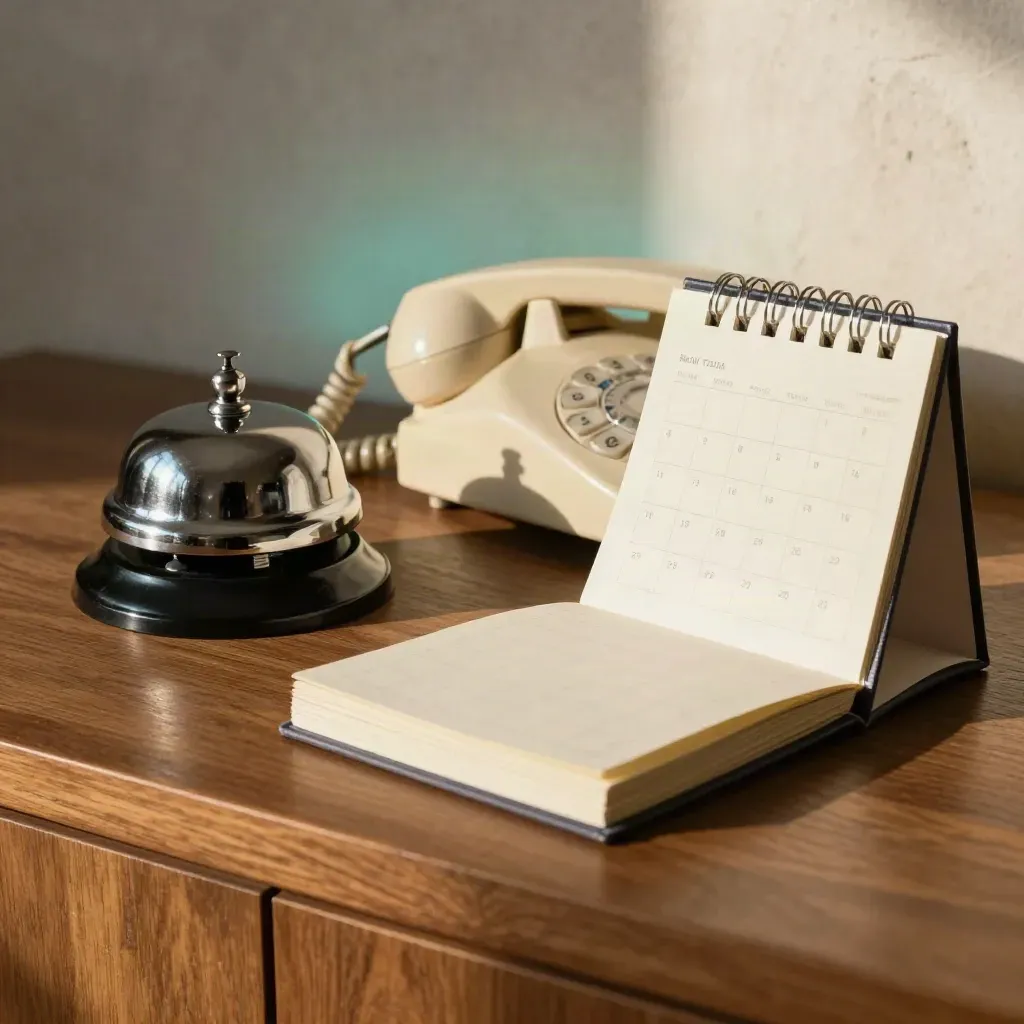 Campanello da banco, telefono fisso e calendario chiuso su legno caldo, luce drammatica.
