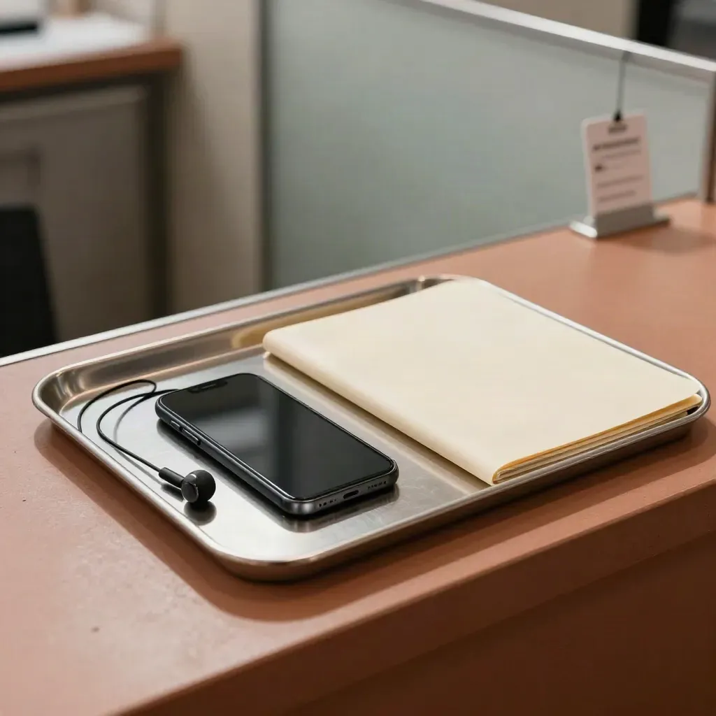 Telefono spento, auricolare mono, vassoio metallico e cartellina chiusa su piano terracotta.