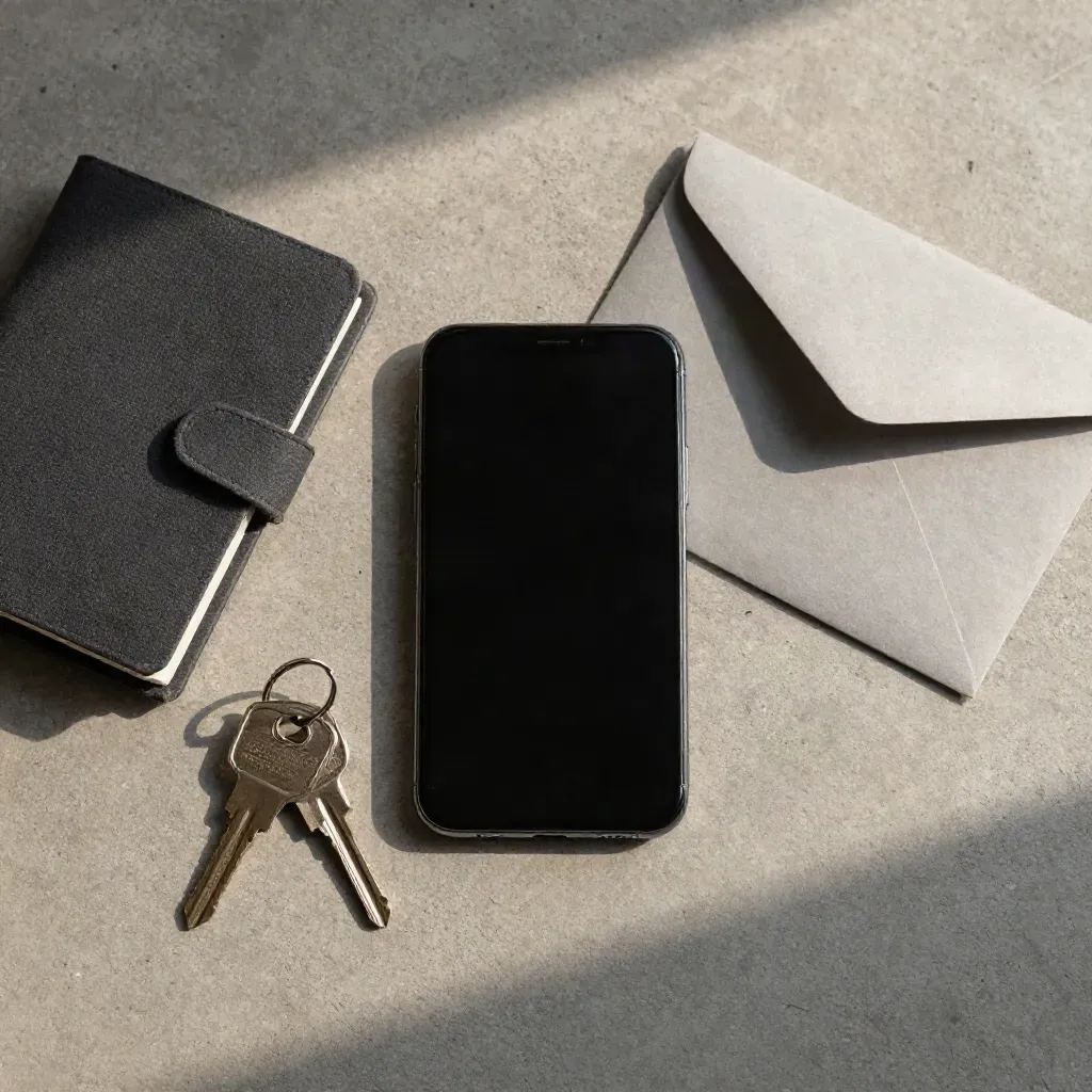 Flatlay dall'alto con smartphone spento, chiavi, agenda chiusa e busta su cemento.