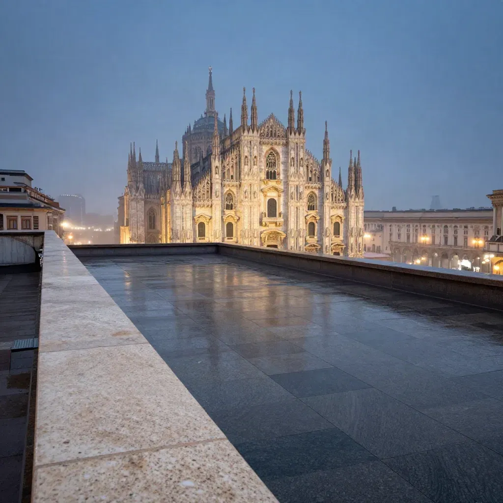 Duomo di Milano sopra la foschia, con i grattacieli di Porta Nuova sullo sfondo