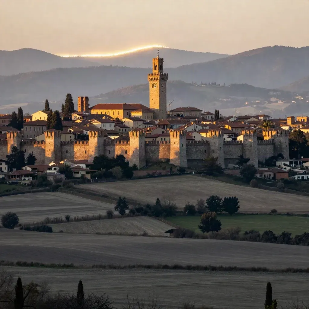 Bergamo Alta e le mura veneziane sopra la pianura lombarda nella luce dorata.